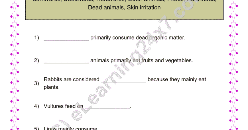 Grade 4, EVS, Animals - Feeding Habits Fill The Blanks, printable PDF, instant download