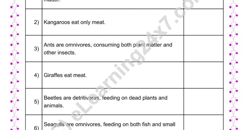 Grade 4, EVS, Animals - Feeding Habits True/False, printable PDF, instant download