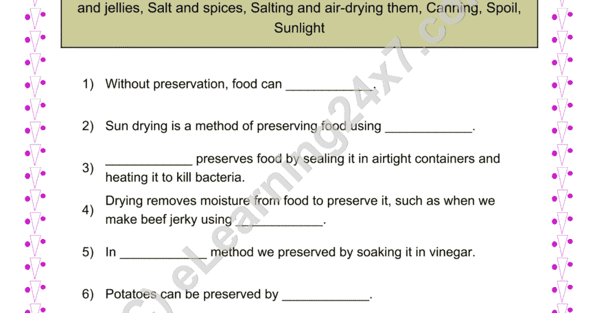 Grade 4, Science, Food - Preservation Fill Blanks, printable PDF, instant download