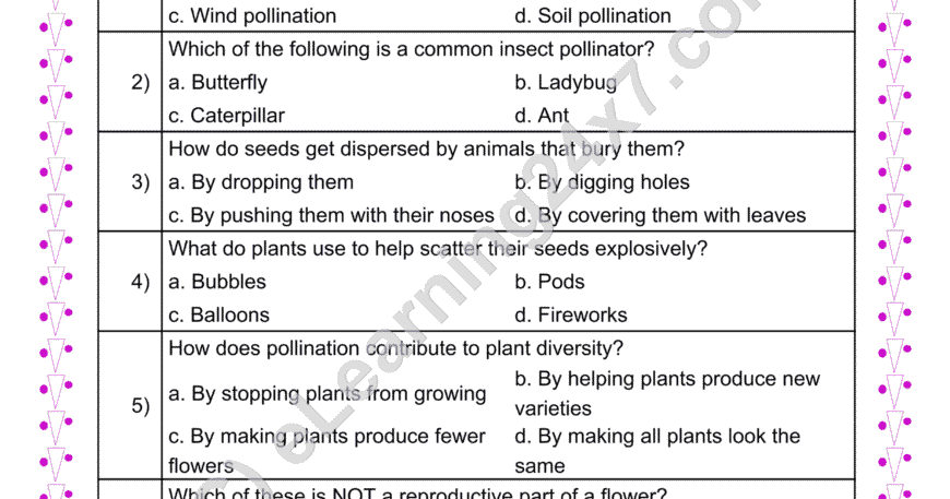 Grade 4, Science, Plants - Seeds Dispersion And Pollination MCQs, printable PDF, instant download