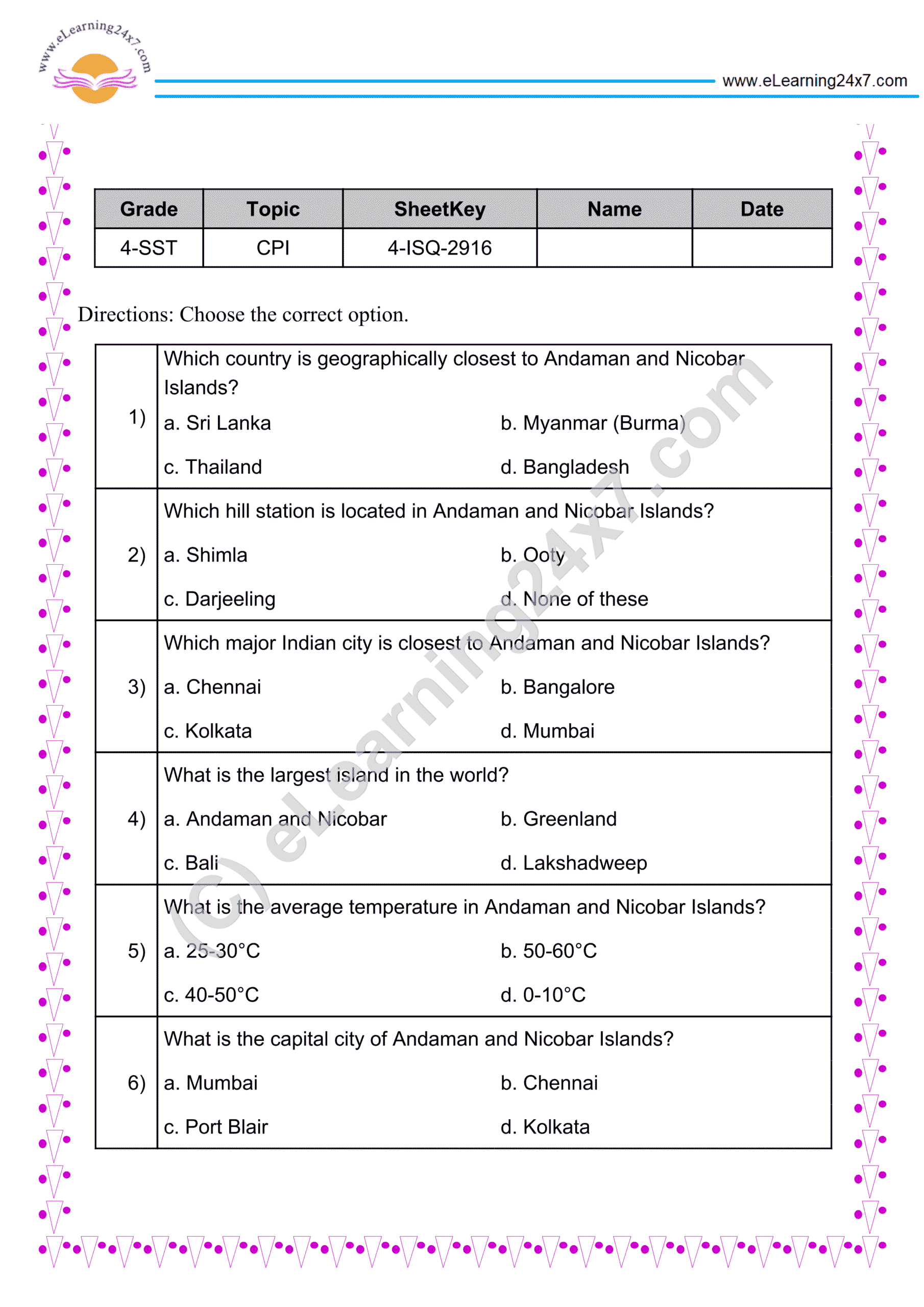 Grade 4, Social Science, Coastal Plains And Islands - MCQs, printable PDF, instant download
