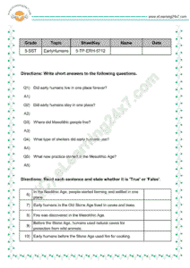 Early humans mock test papers for Grade 5 SST social science