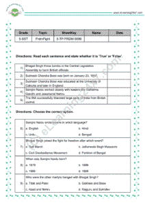 Freedom fighters of India mock test papers for grade 5 social science (SST)
