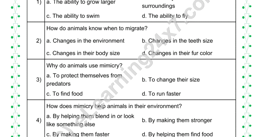 Adaptation In Animals MCQs