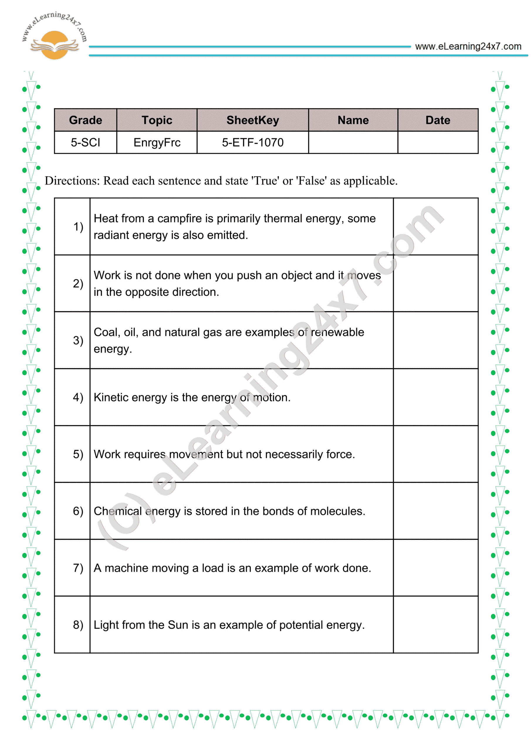 Grade 5, Science, Work Force Energy - & Energy : True Or False, printable PDF, instant download