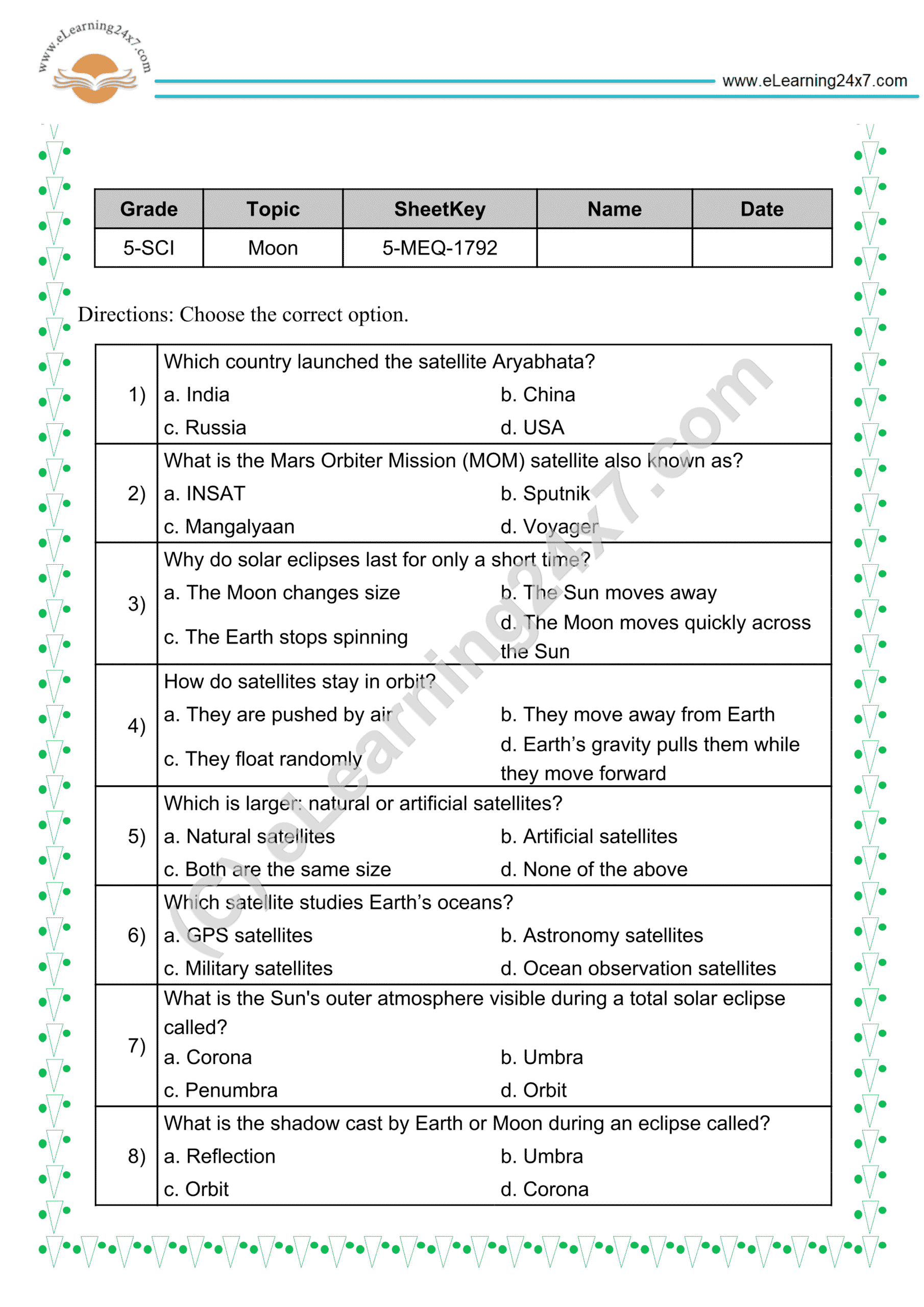 Grade 5, Science, Moon - Eclipses and Satellite : MCQs, printable PDF, instant download