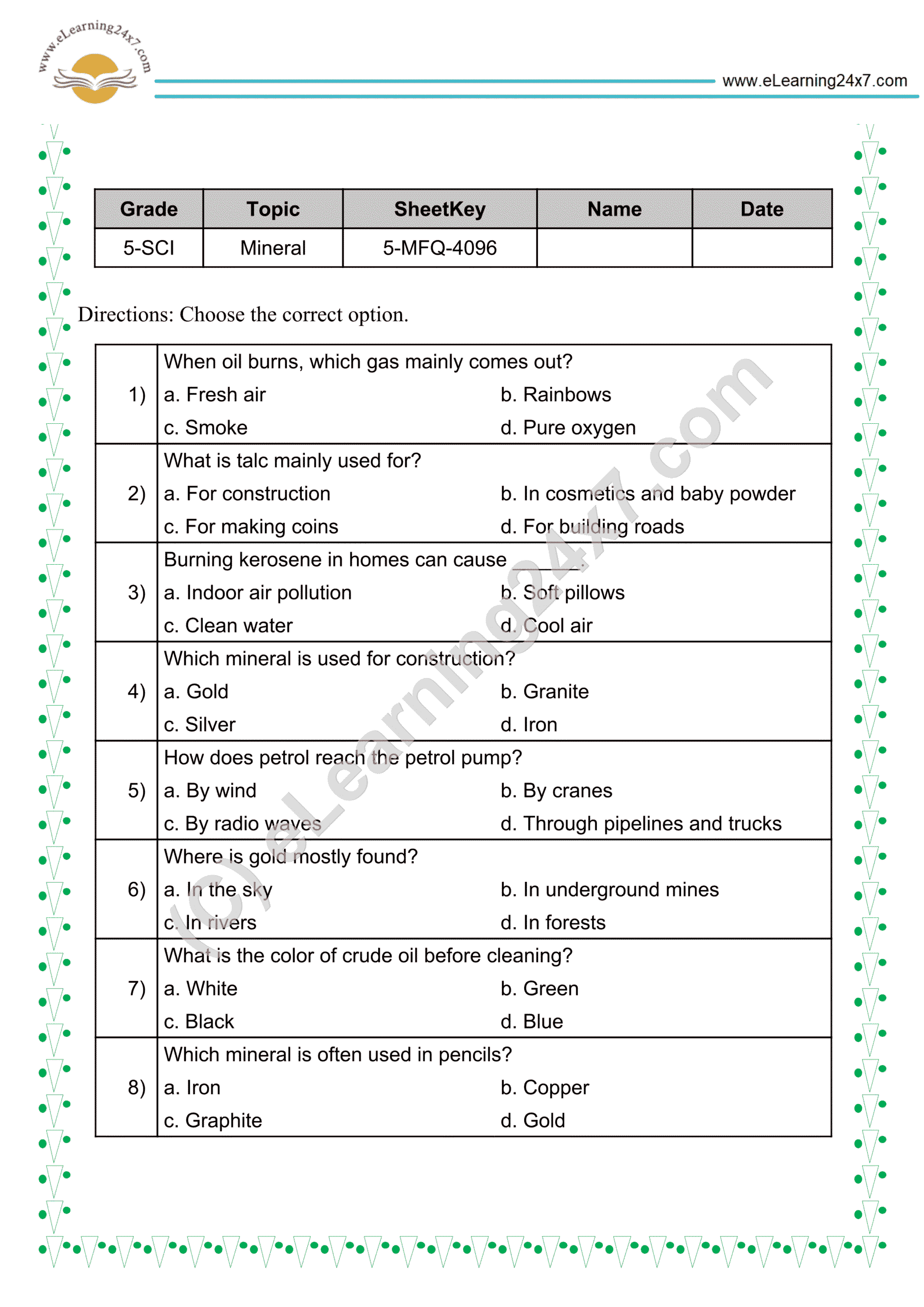 Grade 5, Science, Rocks Minerals - & Fossil Fuels : MCQs, printable PDF, instant download