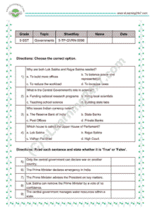 Governments in India mock test papers for grade 5 social science