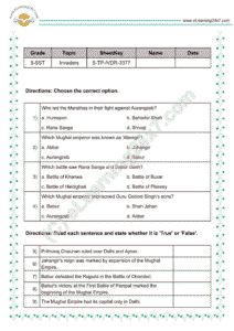 Invaders of India mock test papers for grade 5 social science (SST)