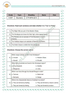 Mountains and plains test papers for grade 5 social science