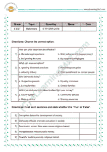 Social reforms and reformers test papers for grade 5 SST