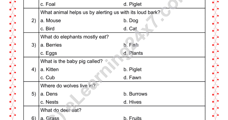 Grade 2, EVS, Animals - Multiple Choice Questions, printable PDF, instant download