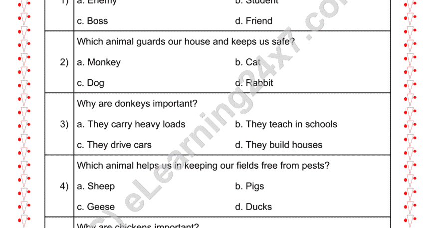 Grade 2, EVS, Animals - Domestic Animals MCQs, printable PDF, instant download