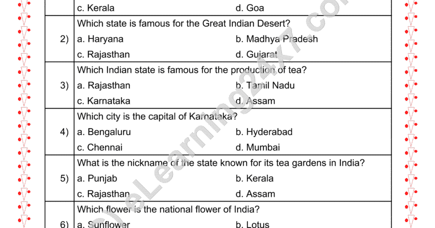 Grade 2, EVS, Our Country India - MCQs, printable PDF, instant download
