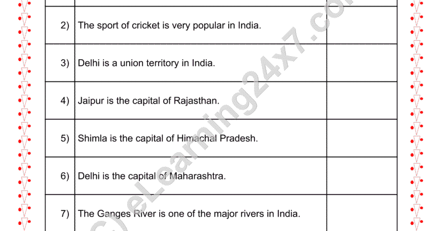 Grade 2, EVS, Our Country India - True Or False, printable PDF, instant download