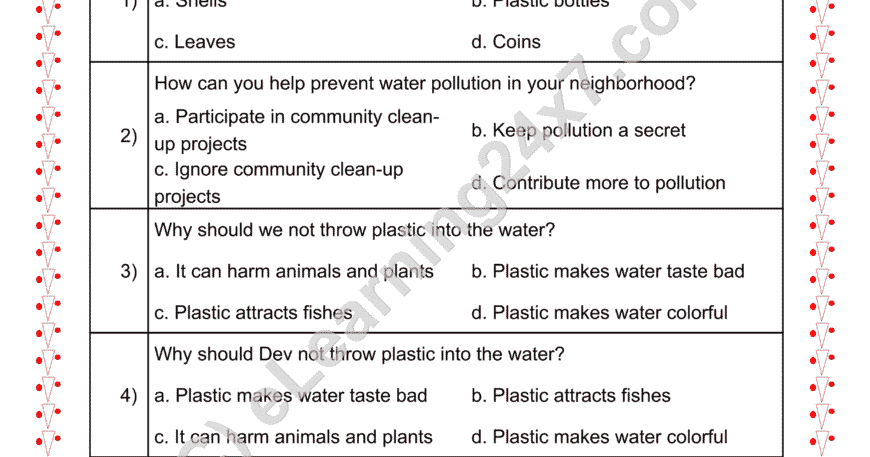 Grade 2, EVS, Earth - Water Pollution MCQ, printable PDF, instant download