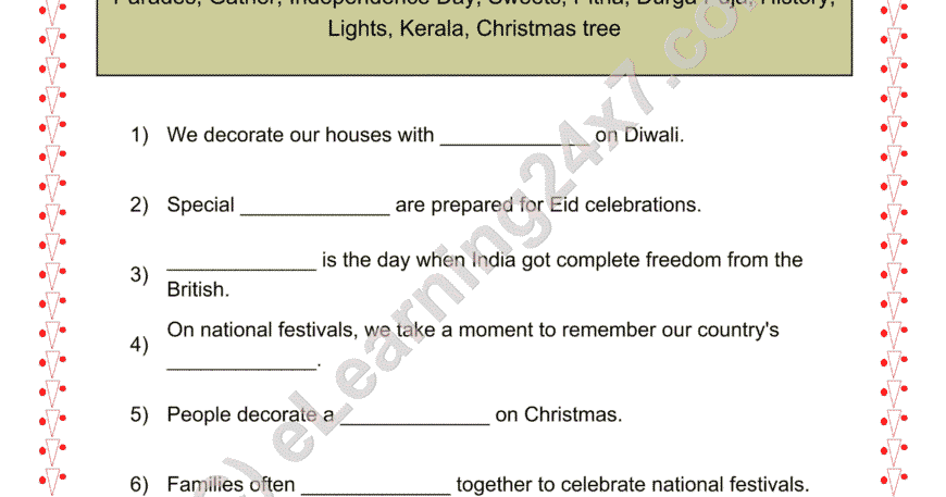 Grade 2, EVS, Festivals - Fill The Blanks, printable PDF, instant download