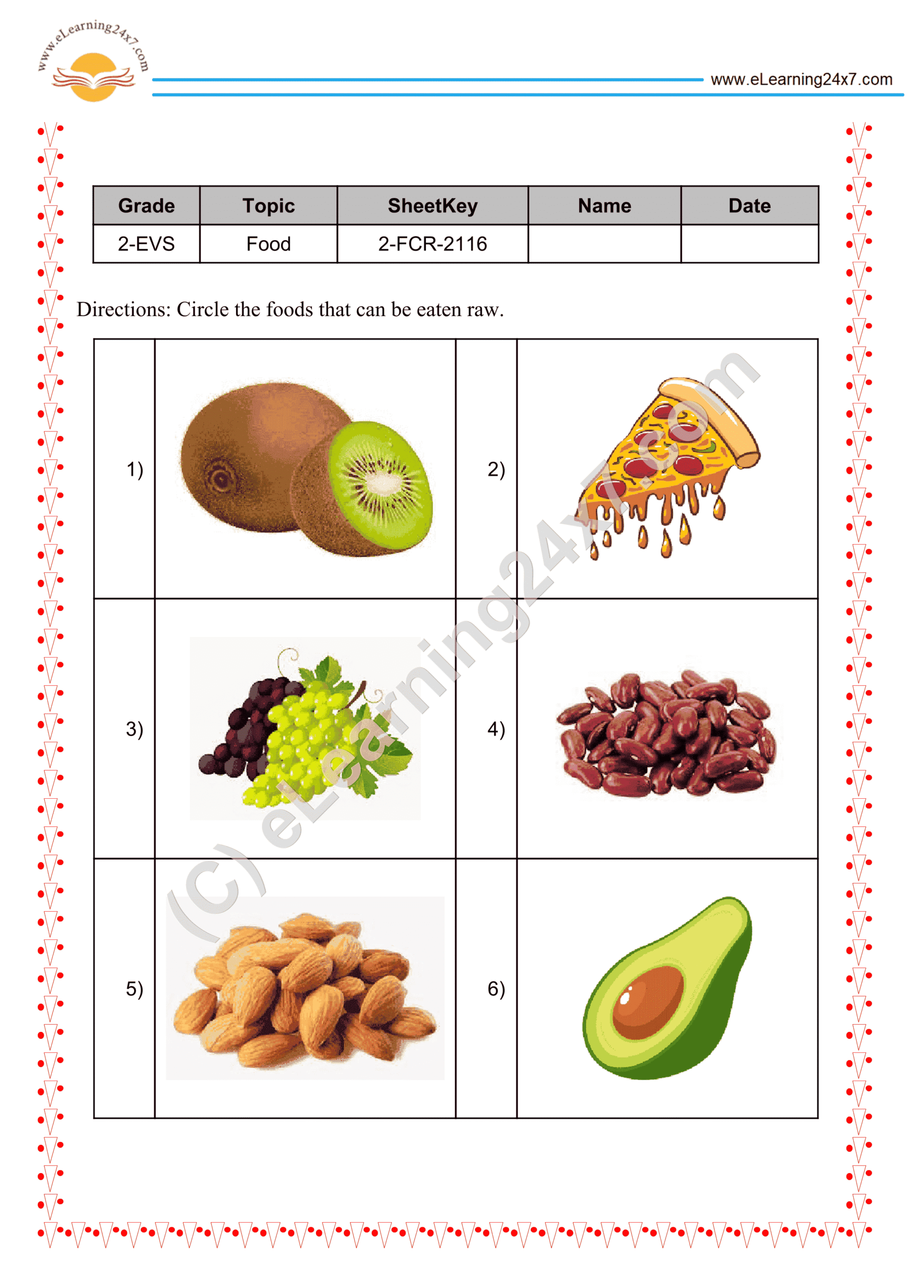 Grade 2, EVS, Food - Circle Food Eaten Raw, printable PDF, instant download