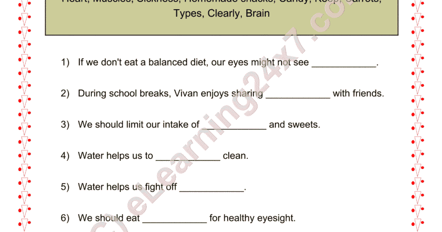 Grade 2, EVS, Food - Balanced Diet Fill Blanks, printable PDF, instant download