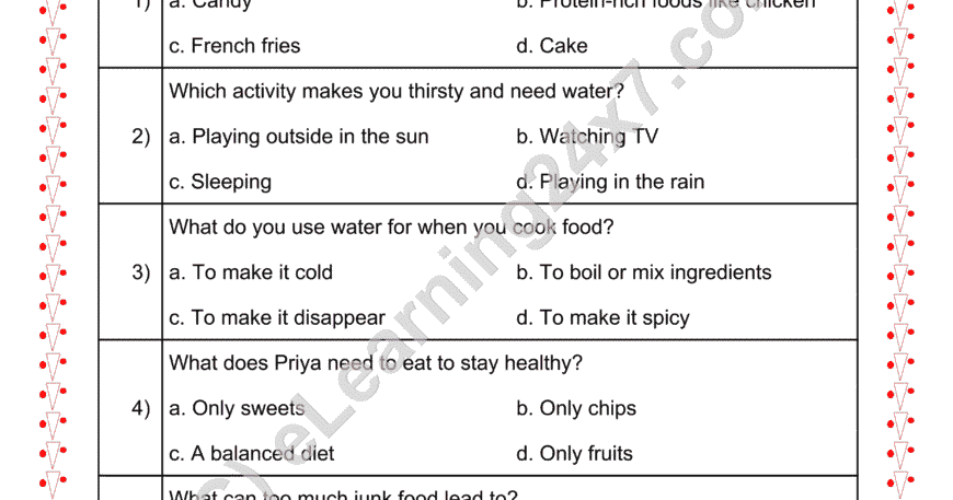 Grade 2, EVS, Food - Balanced Diet MCQs, printable PDF, instant download