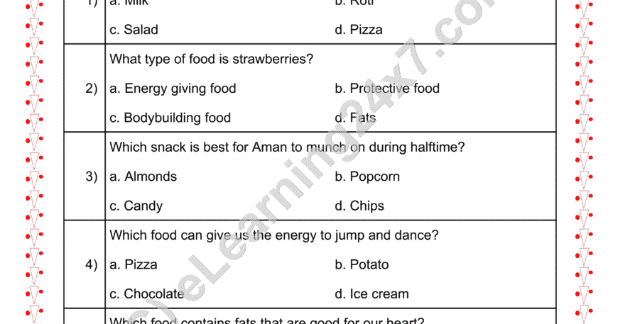 Grade 2, EVS, Food - Types MCQs, printable PDF, instant download