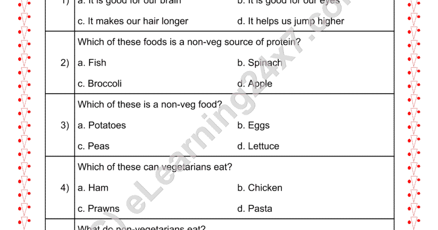 Grade 2, EVS, Food - Vegetarian Or Non-vegetarian MCQs, printable PDF, instant download