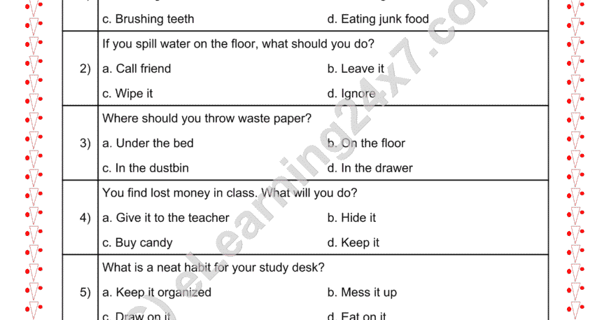 Grade 2, EVS, Habits, Safety, First-aid - Good Habits MCQ, printable PDF, instant download