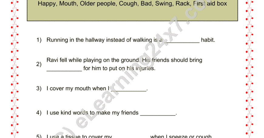 Grade 2, EVS, Habits, Safety, First-aid - Good Habits Fill The Blanks, printable PDF, instant download