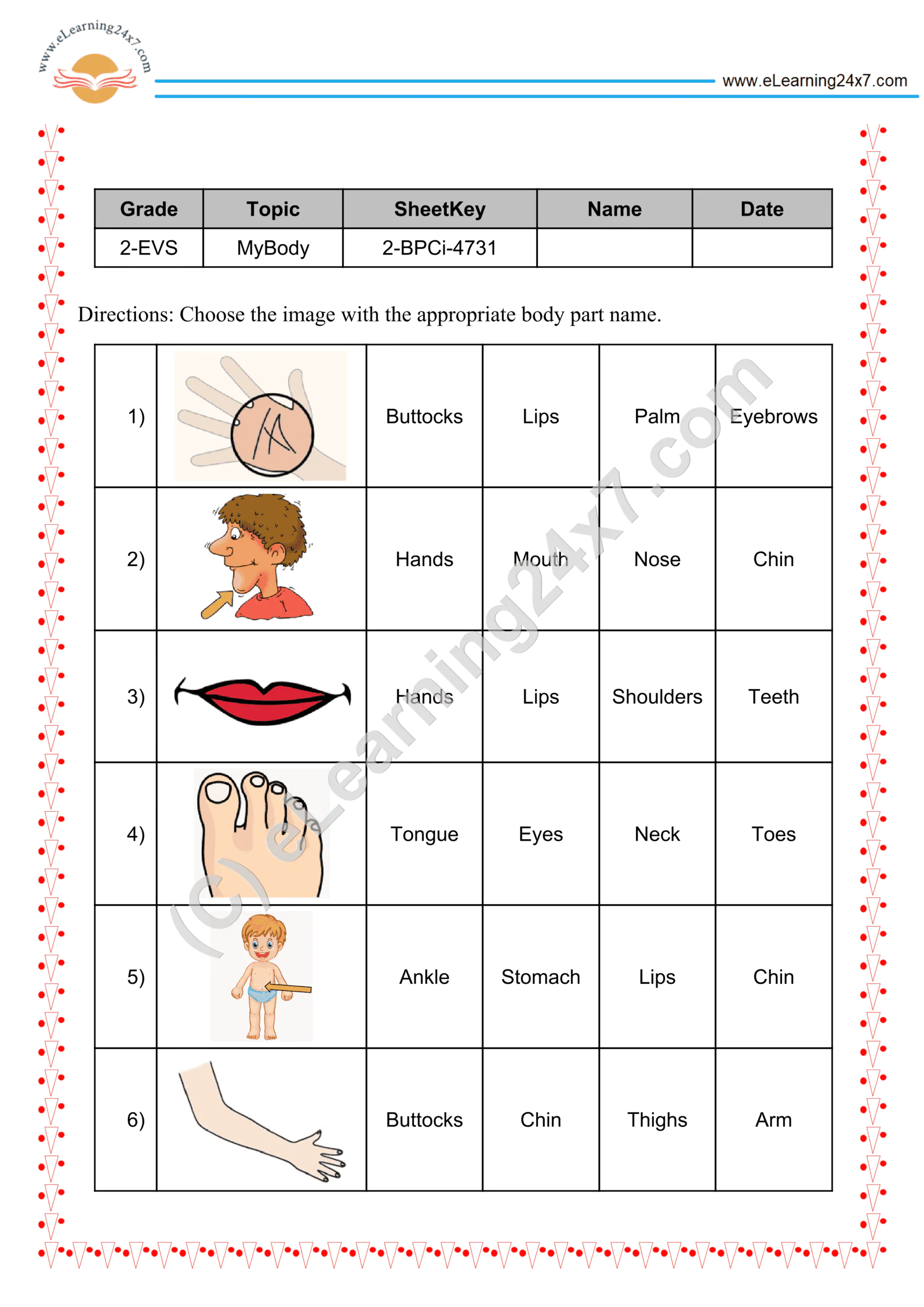 Grade 2, EVS, Body - Identify Body Parts, printable PDF, instant download