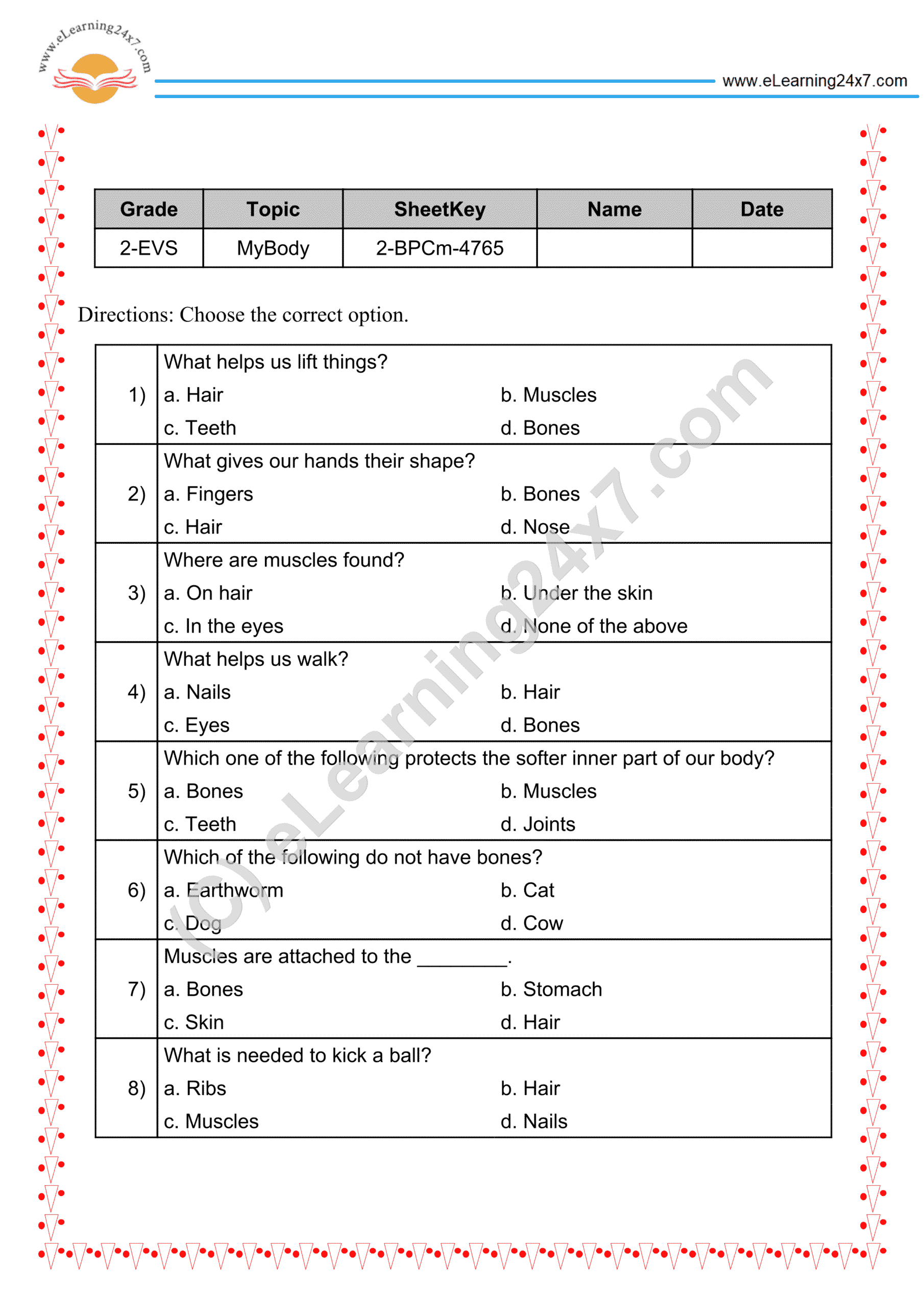 Grade 2, EVS, Body - Muscles & Bones MCQs, printable PDF, instant download