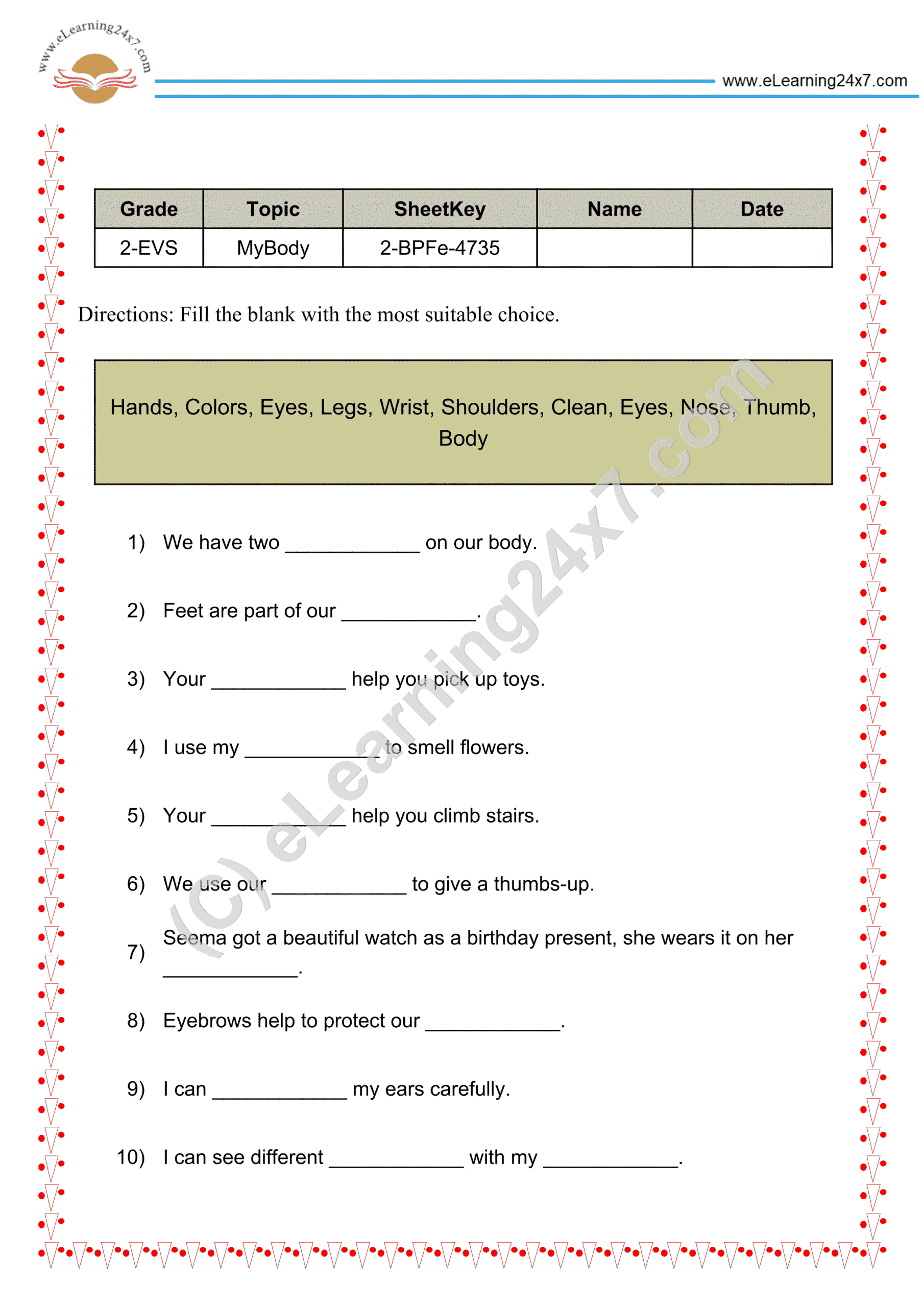 Grade 2, EVS, Body - External Organs Fill Blanks, printable PDF, instant download