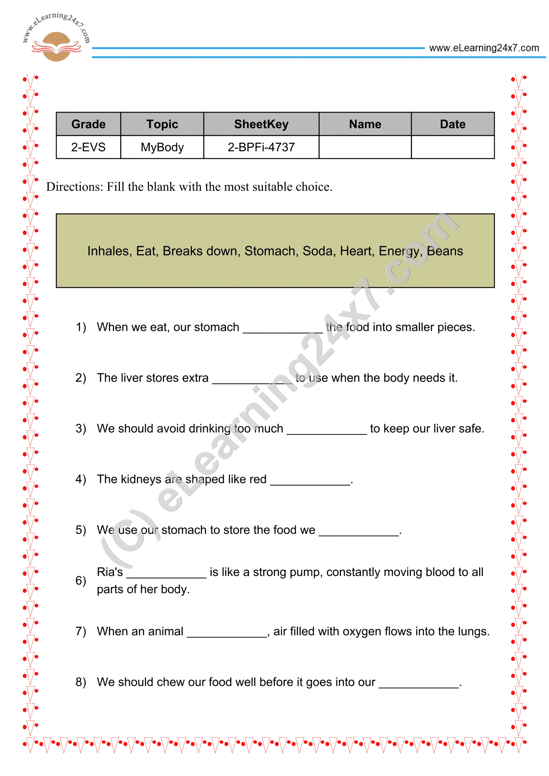 Grade 2, EVS, Body - Internal Organs Fill Blanks, printable PDF, instant download