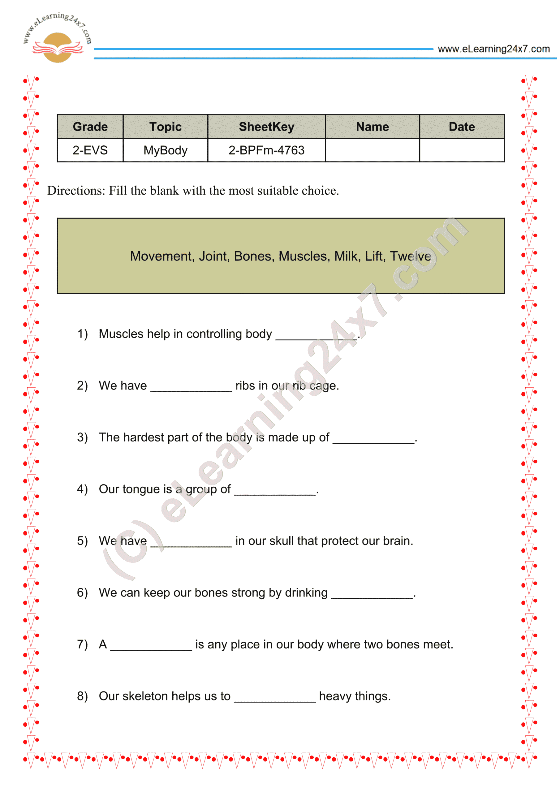 Grade 2, EVS, Body - Muscles & Bones Fill Blanks, printable PDF, instant download