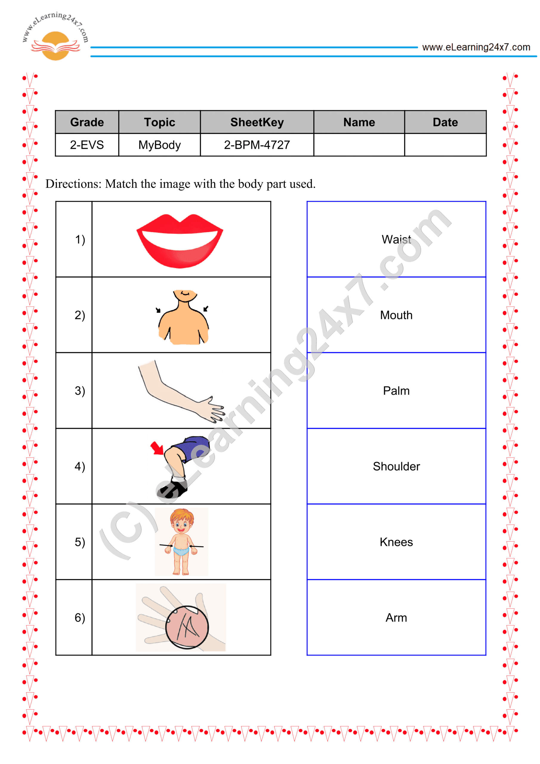 Grade 2, EVS, Body - Match Body Parts, printable PDF, instant download