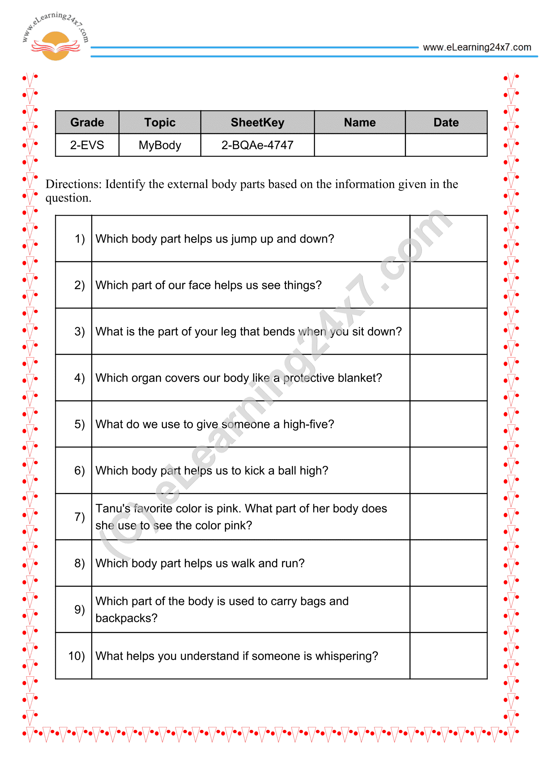 Grade 2, EVS, Body - Identify External Body Part, printable PDF, instant download