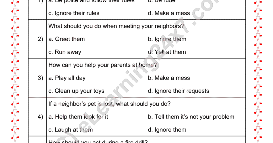 Grade 2, EVS, Neighbors - Neighborhood Do's And Don'ts MCQs, printable PDF, instant download