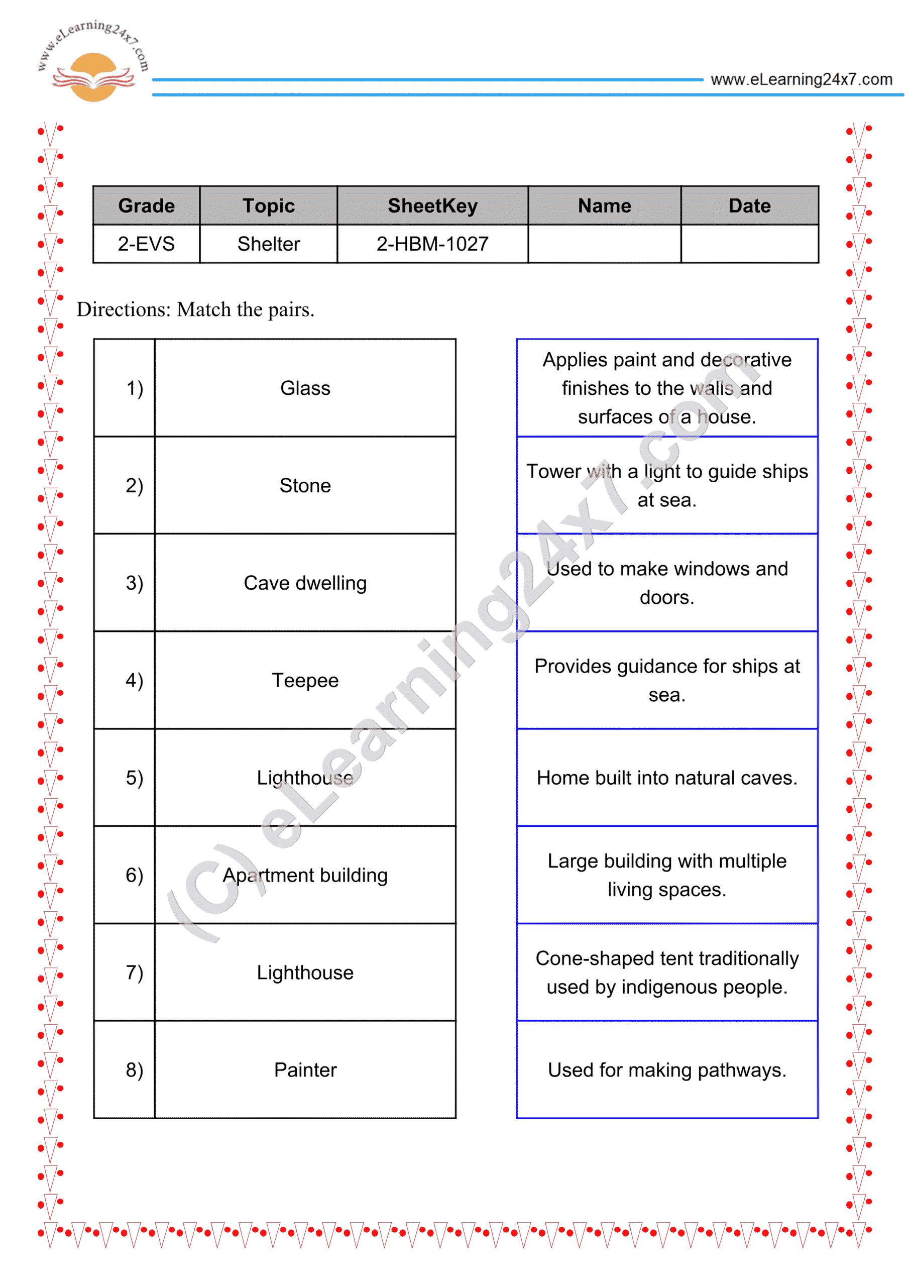 Grade 2, EVS, Shelter - Match The Pairs, printable PDF, instant download