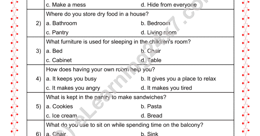 Grade 2, EVS, Shelter - House Parts MCQ, printable PDF, instant download
