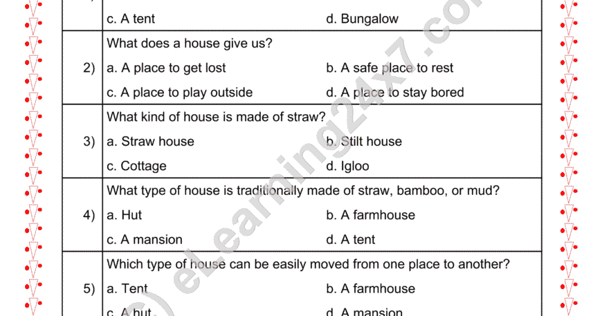 Grade 2, EVS, Shelter - House Type MCQ, printable PDF, instant download