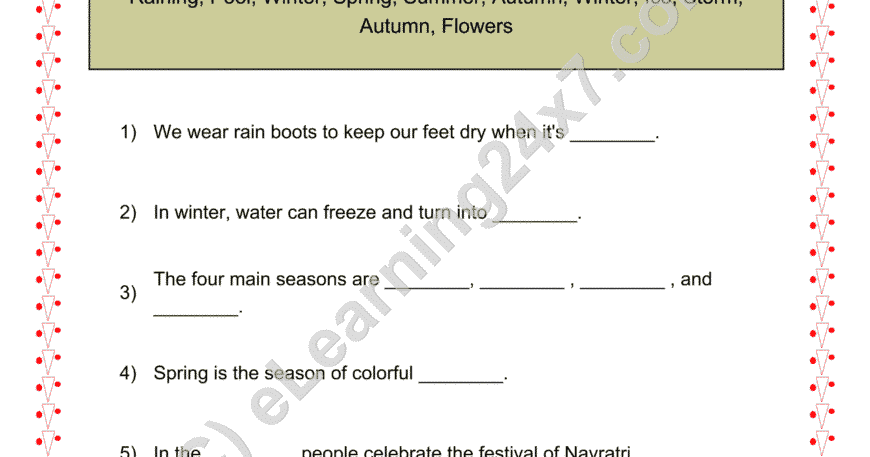 Grade 2, EVS, Seasons - Fill The Blanks, printable PDF, instant download