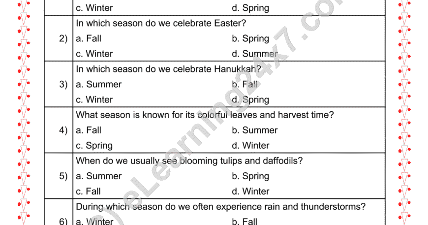 Grade 2, EVS, Seasons - MCQs, printable PDF, instant download