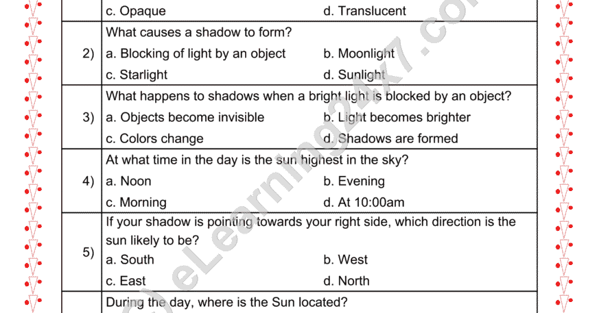 Grade 2, EVS, Sun Light Shadow - Multiple Choice Questions, printable PDF, instant download