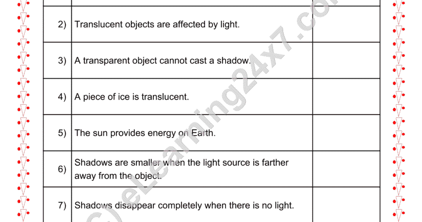Grade 2, EVS, Sun Light Shadow - True Or False, printable PDF, instant download
