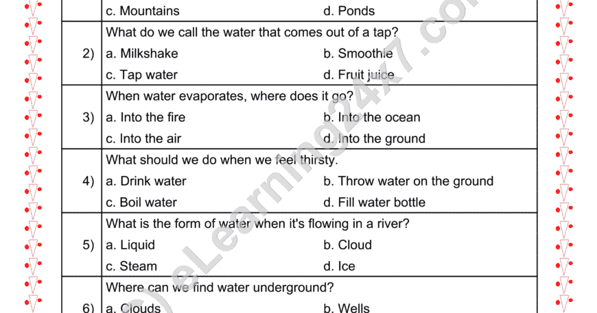 Grade 2, EVS, Water - MCQ, printable PDF, instant download