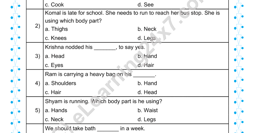 Grade 1, EVS, Body - MCQs, printable PDF, instant download