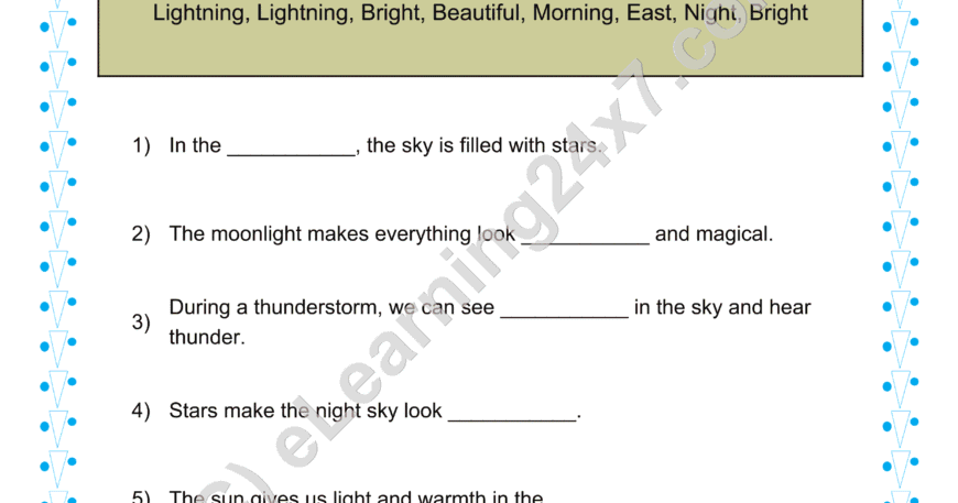 Grade 1, EVS, Sky - Fill The Blanks, printable PDF, instant download