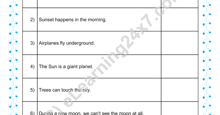 Grade 1, EVS, Sky - True Or False, printable PDF, instant download