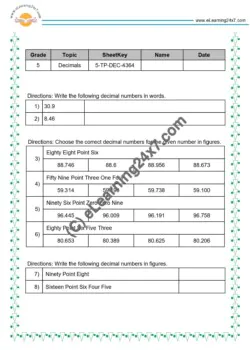 Grade 5, Maths - Decimals Mock Test Paper : Number Ops, printable PDF, instant download