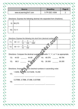 Grade 5, Maths - Decimals Mock Test Paper : Number Ops, printable PDF, instant download (page 2)