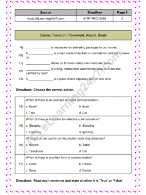 Grade 4, Social Science - Transport And Communication Mock Test Paper (page 2)